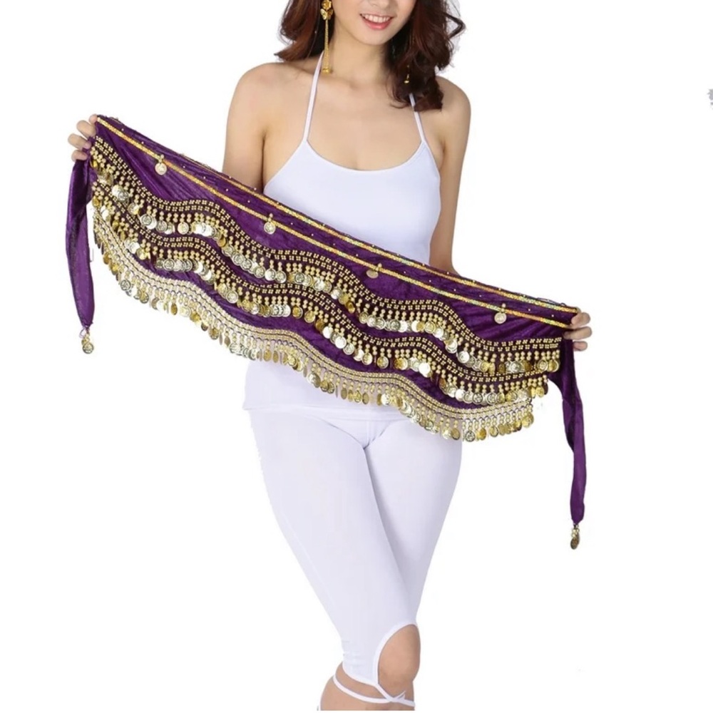 Purple Belly Dance Hip Scarf with Gold Coins